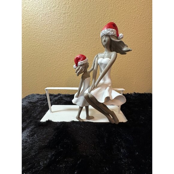 Mikasa Mother & Daughter Figurine With Santa Hats Sitting On Bench - Picture 1 of 4